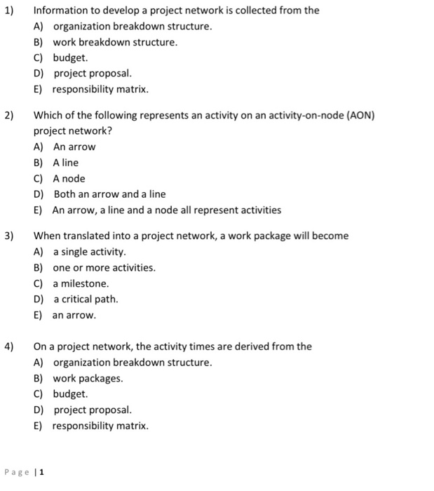 Solved 1) 2) Information to develop a project network is | Chegg.com