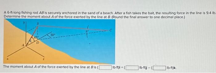 Solved A 6-ft-long fishing rod AB is securely anchored in | Chegg.com