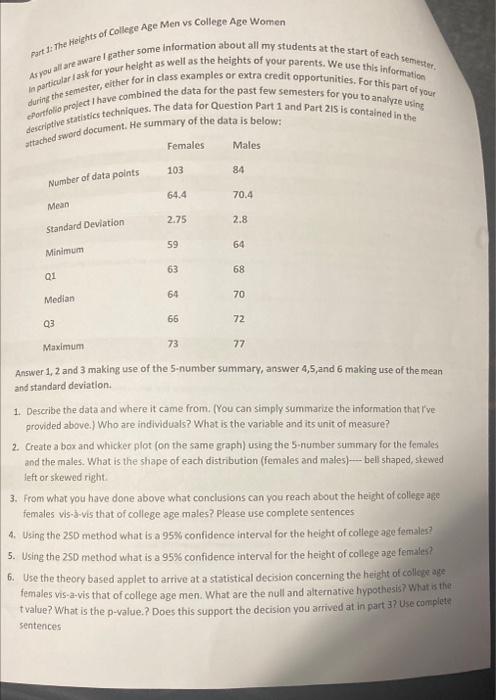 Solved part 1: the Heights of College Age Men vs College Age | Chegg.com