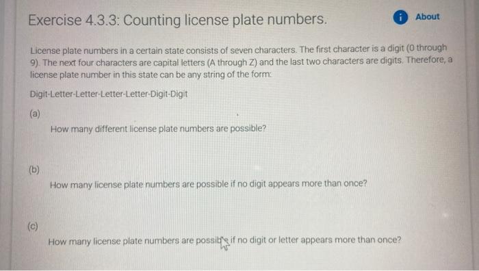 Solved Exercise 4.3.3: Counting license plate numbers. i | Chegg.com