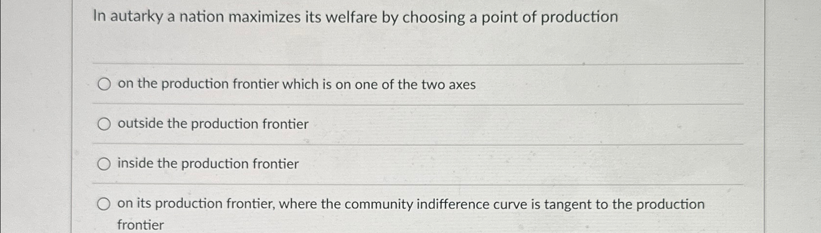Solved In autarky a nation maximizes its welfare by choosing | Chegg.com