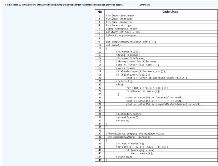 Solved Find at least 10 syntax errors, then write the line | Chegg.com