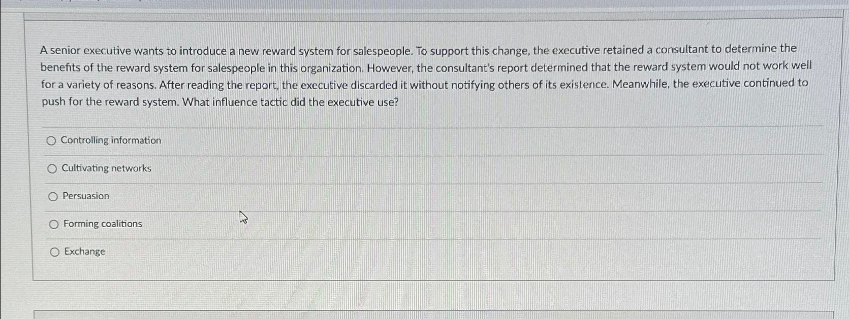 Solved A senior executive wants to introduce a new reward | Chegg.com