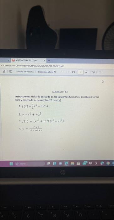 Instrucciones: Hallar la derivada de las sigulentes funciones. Escribs en forma clara y ordensda su desarrolla (20 puntos) 1.