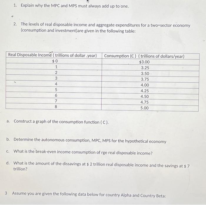 Solved 1. Explain why the MPC and MPS must always add up to | Chegg.com