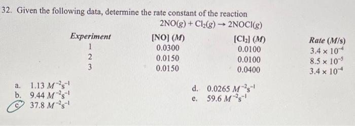 Solved 32. Given the following data, determine the rate | Chegg.com