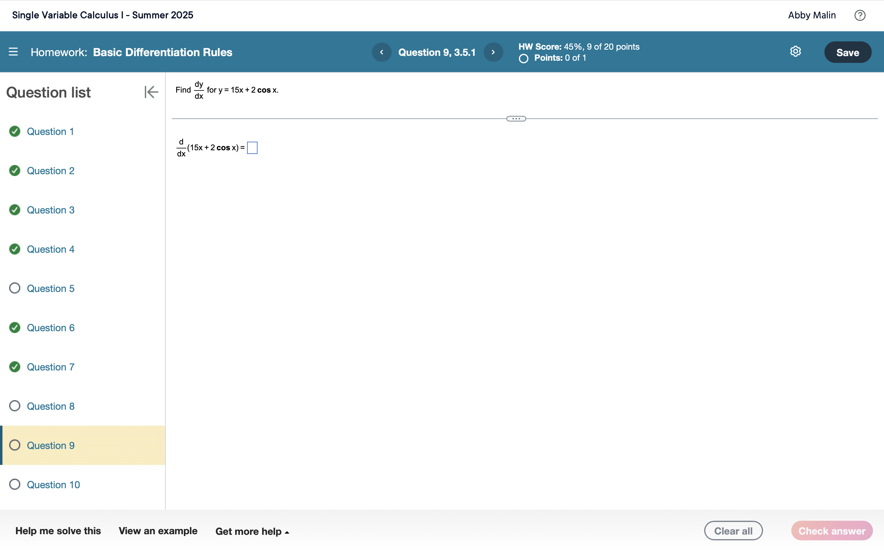 Solved Single Variable Calculus I - ﻿Summer 2025Abby | Chegg.com