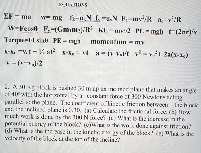 Equations Ef Ma W Mg Fk Ukn F Rușn Fc Mv2 R A V2 R Chegg Com