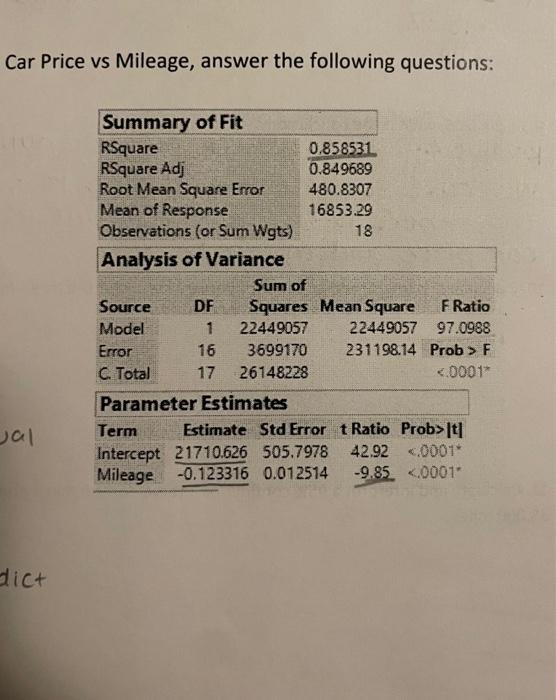 Solved Car Price vs Mileage, answer the following | Chegg.com
