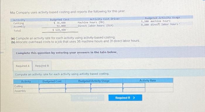 Solved Mia Company uses activity based costing and reports | Chegg.com