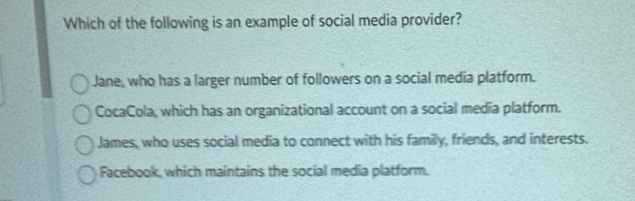 Solved Which of the following is an example of social media | Chegg.com