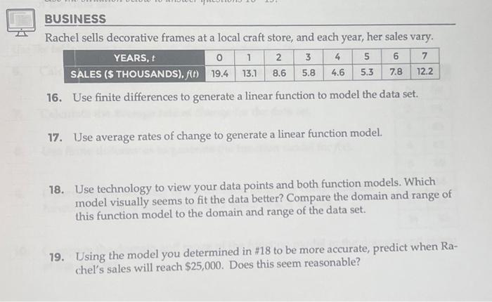 BUSINESS
Rachel sells decorative frames at a local craft store, and each year, her sales vary.
16. Use finite differences to