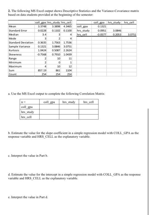 Solved 2 The Following Ms Excel Output Shows Descriptive Chegg Com
