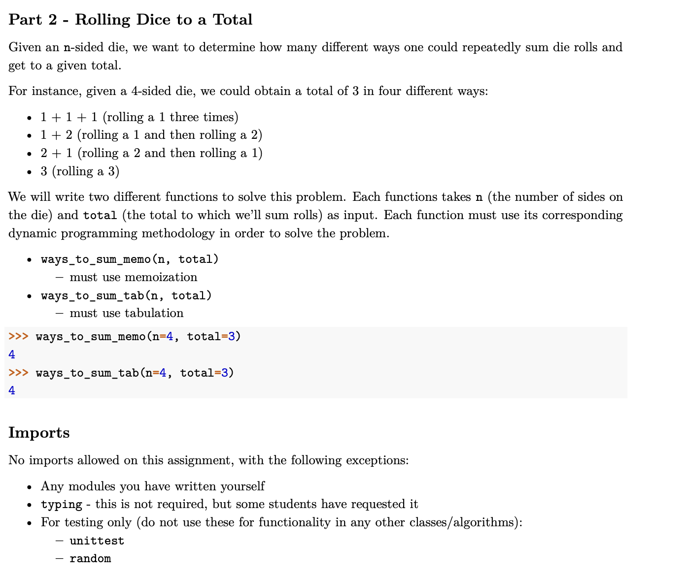 Solved Part 2 - ﻿Rolling Dice to a TotalGiven an n-sided | Chegg.com