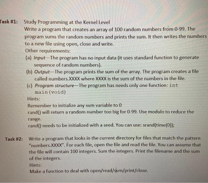 Solved Task #1: Study Programming at the Kernel Level Write | Chegg.com