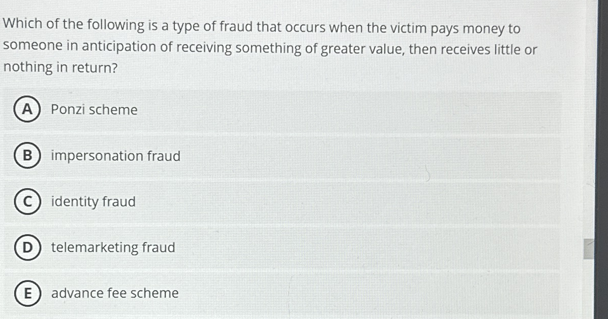 Solved Which of the following is a type of fraud that occurs | Chegg.com