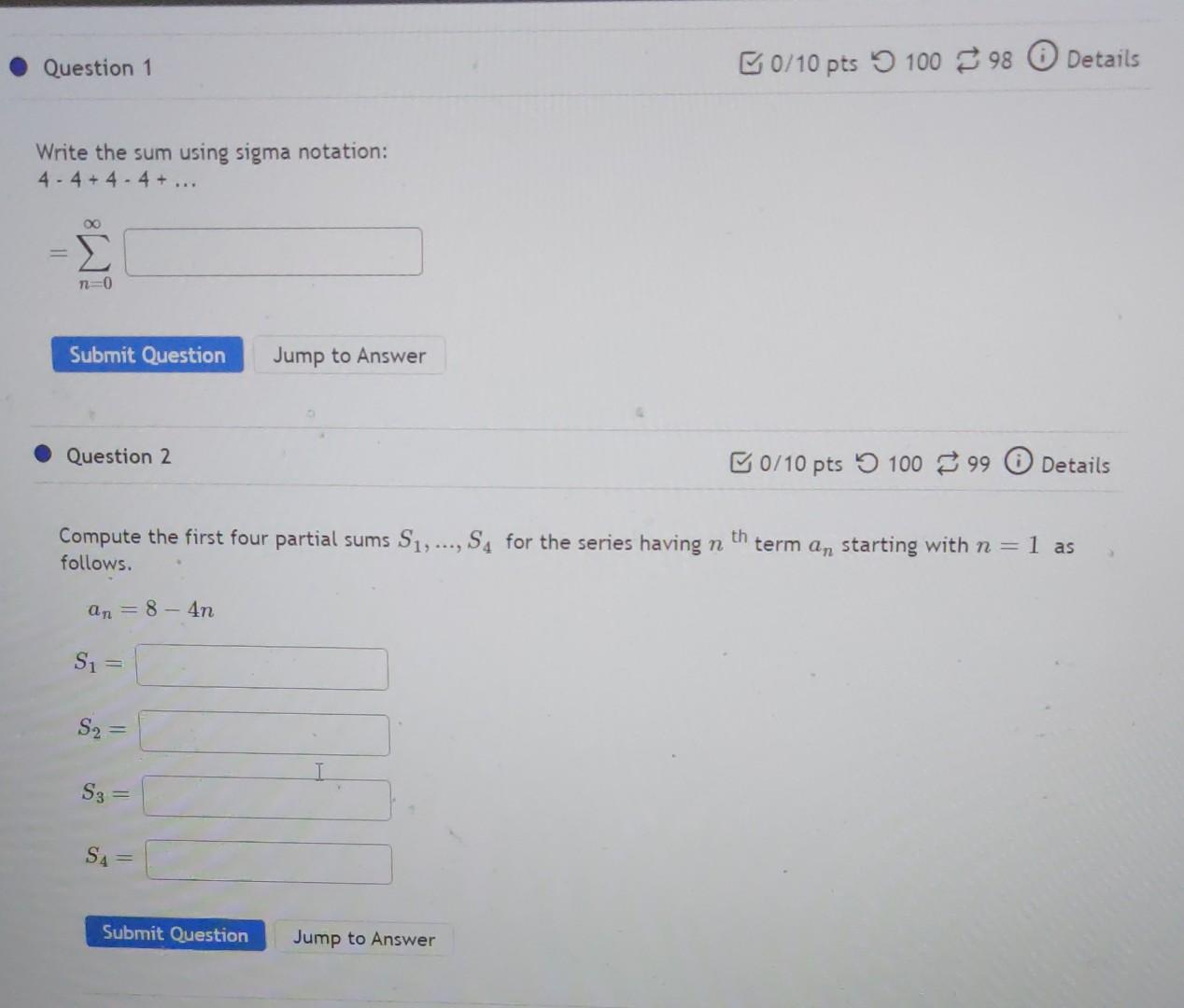 Solved Write the sum using sigma notation: 4−4+4⋅4+…=∑n=0∞ | Chegg.com