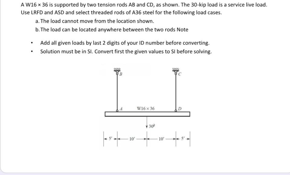 Solved A W16 x 36 is supported by two tension rods AB and
