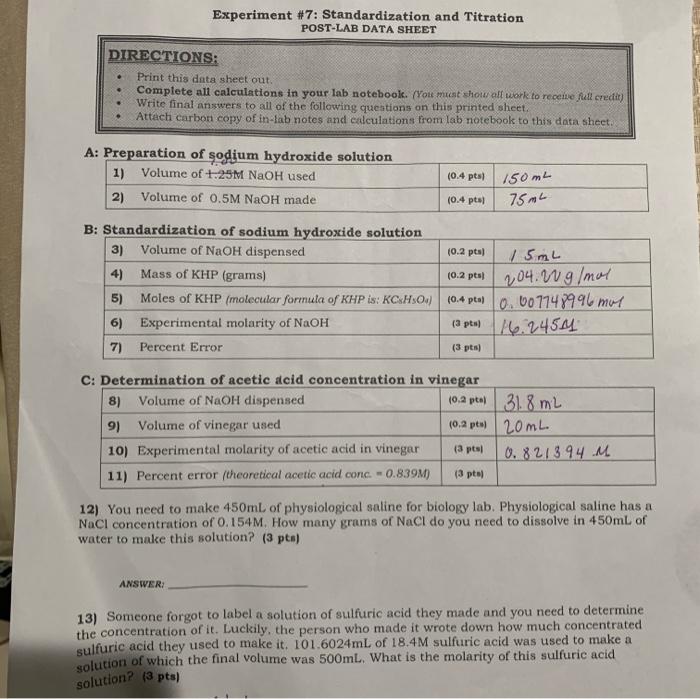 Solved Experiment #7: Standardization and Titration POST-LAB | Chegg.com