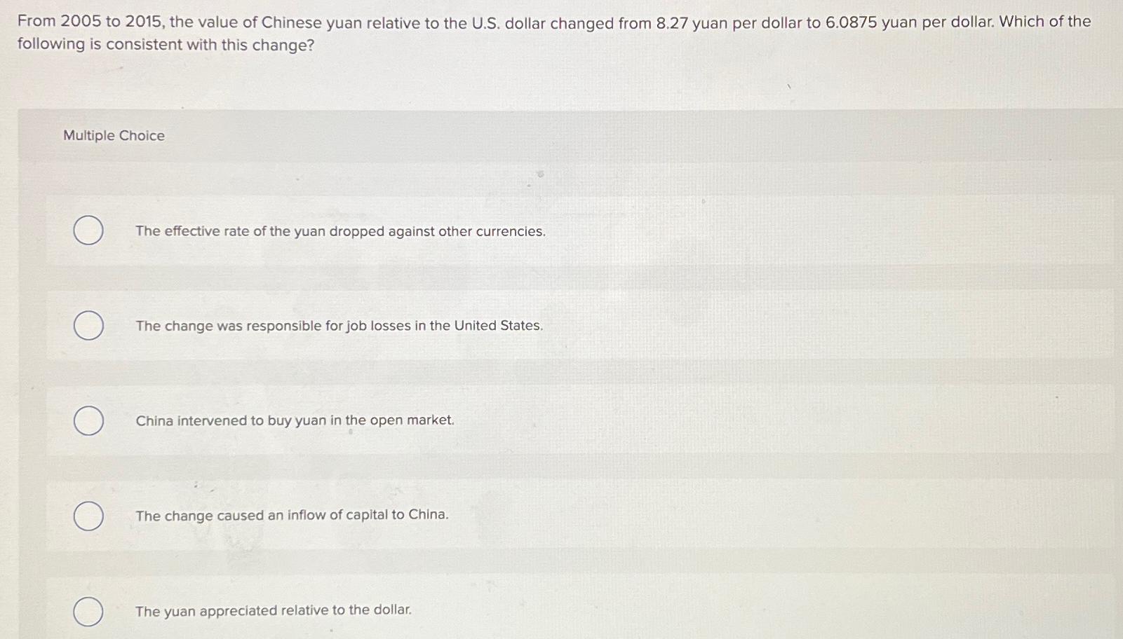 Solved From 2005 ﻿to 2015, ﻿the value of Chinese yuan | Chegg.com
