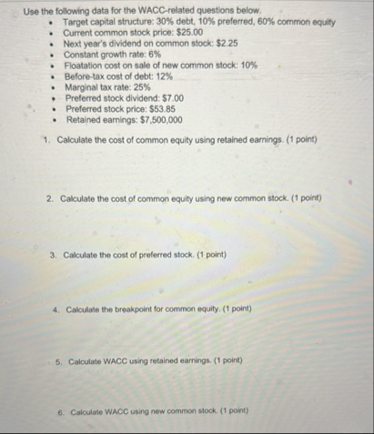 Solved Use the following data for the WACC-related questions | Chegg.com
