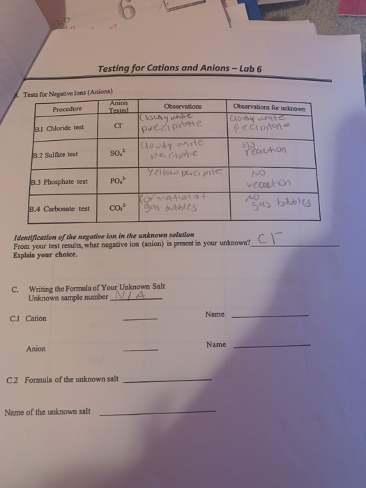 Testing For Cations And Anions Lab 6 Tests For Chegg Com