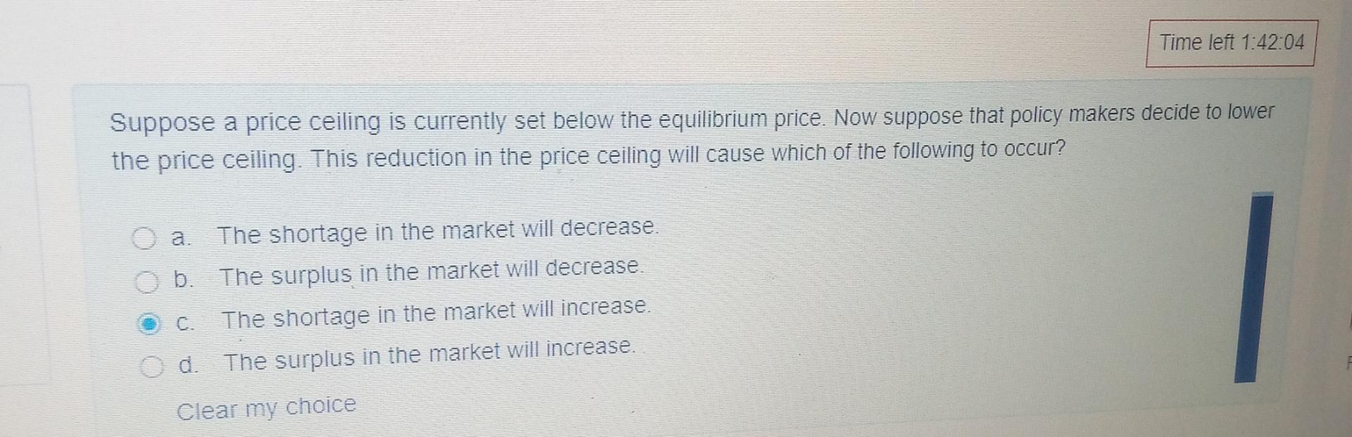 Solved Time left 1:42:04Suppose a price ceiling is currently | Chegg.com