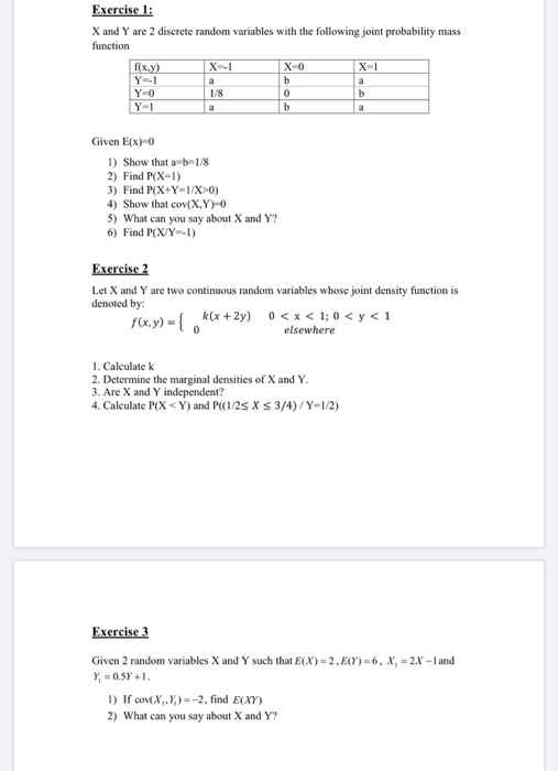 Solved Exercise 1 X And Y Are 2 Discrete Random Variables Chegg Com