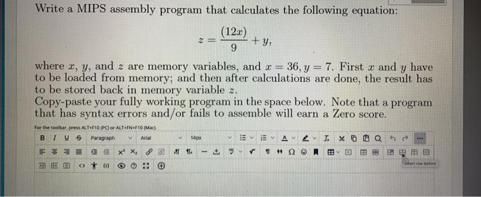 Solved 2 +y, Write a MIPS assembly program that calculates | Chegg.com