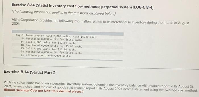 Solved Exercise 8-14 (Static) Inventory cost flow methods; | Chegg.com