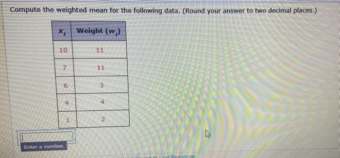 Solved Compute the weighted mean for the following data. | Chegg.com