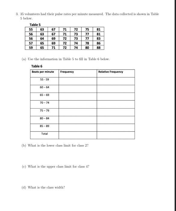 Solved 3. 35 volunteers had their pulse rates per minute | Chegg.com
