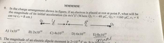 MMMMM
9. In the charge arrangement shown in figure, if an electron is placed at rest at point P, what will be
the magnitude o