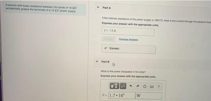 Solved A person with body resistance between his hands of 10 | Chegg.com