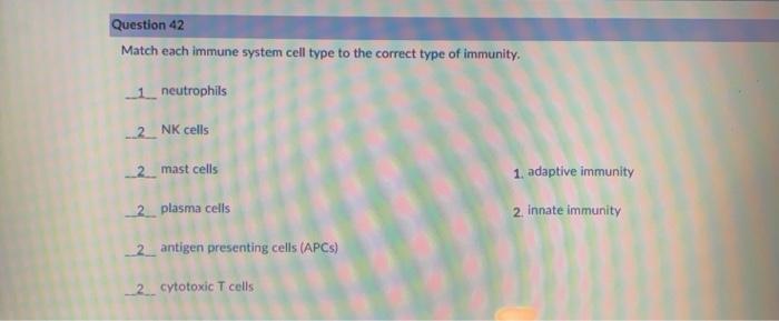 Solved Question 42 Match each immune system cell type to the | Chegg.com