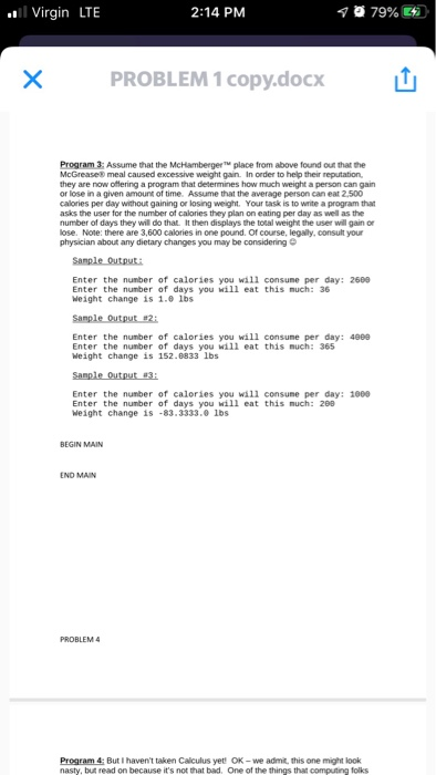 .. Virgin LTE 2:14 PM 1079% x PROBLEM 1 copy.docx Program 3: Assume that the McHamberger place from above found out that the
