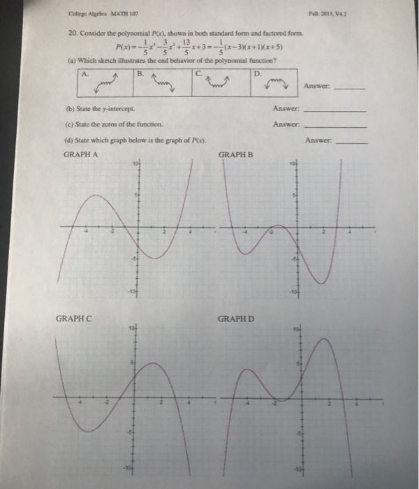 Solved College Algebra MATH 107 Fall 2013, V4.3 20. Consider | Chegg.com