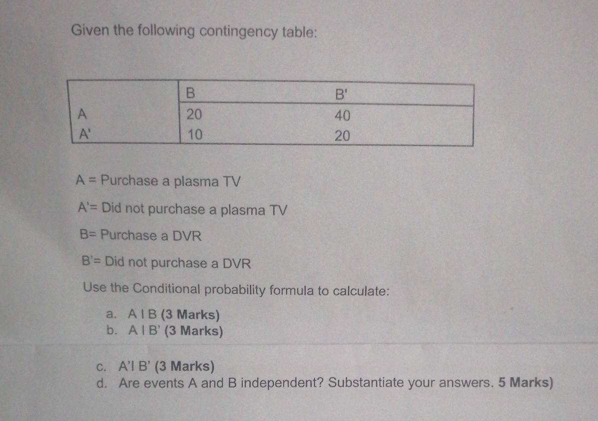 Solved Given The Following Contingency Table:\table[[,B,B' | Chegg.com