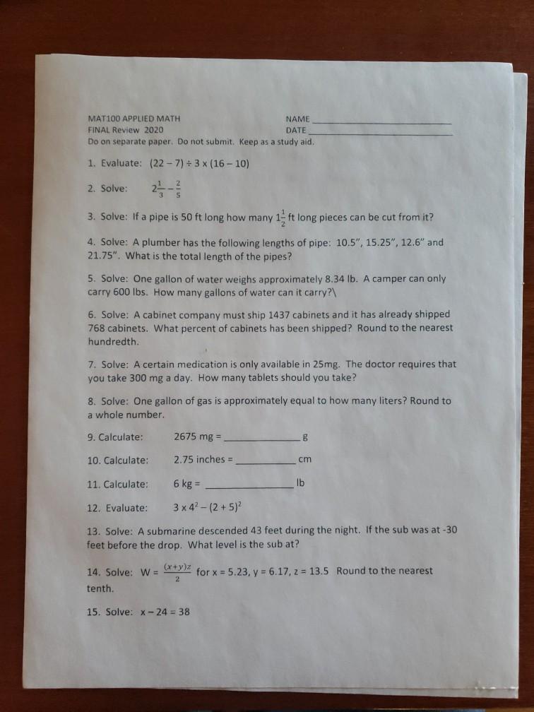 Solved MAT100 APPLIED MATH NAME FINAL Review 2020 DATE Do on | Chegg.com