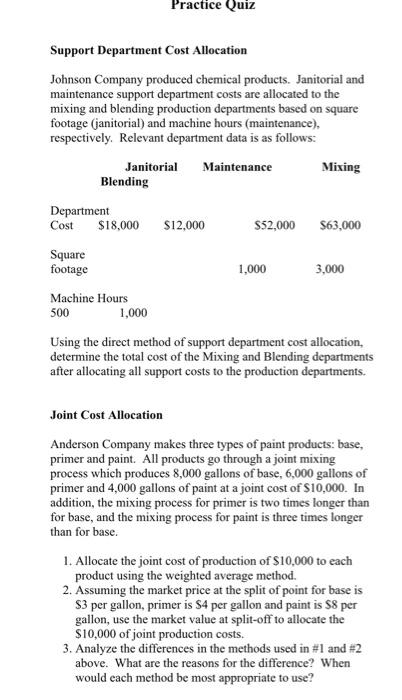 Solved Practice Quiz Support Department Cost Allocation | Chegg.com