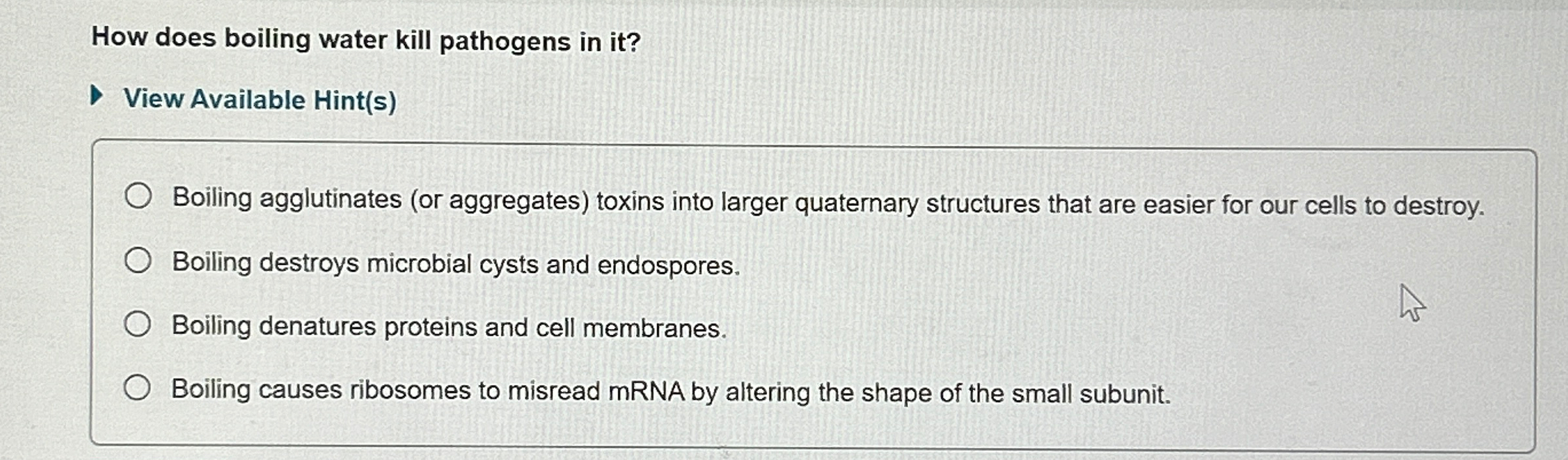 Solved How does boiling water kill pathogens in it?View