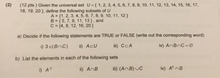 Solved (12 pts ) Given the universal set ( | Chegg.com