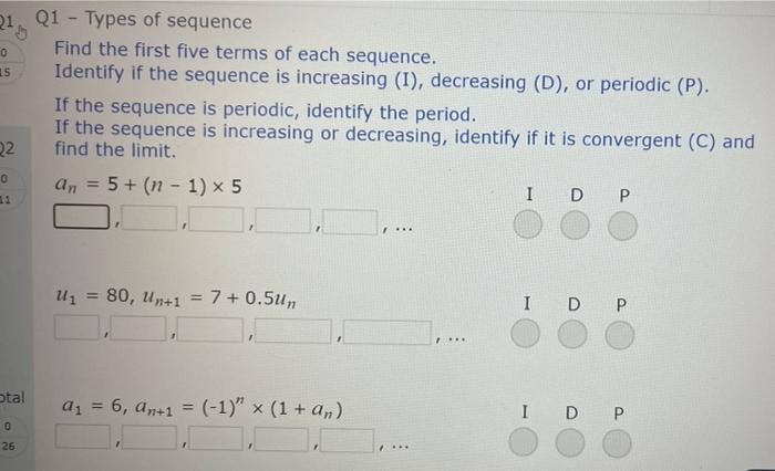 Solved 0 15 21. Q1 - Types of sequence Find the first five | Chegg.com