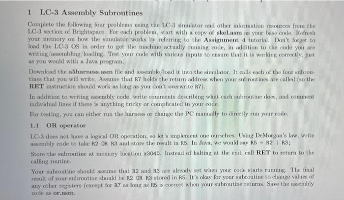 1 LC-3 Assembly Subroutines Complete the following | Chegg.com