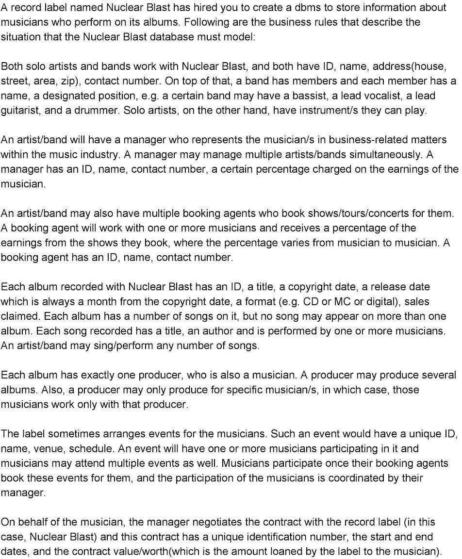 Solved A record label named Nuclear Blast has hired you to