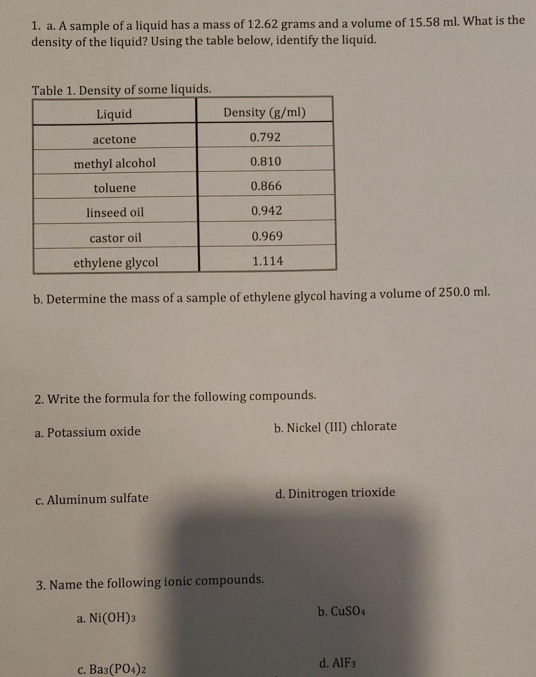 Solved 1. a. A sample of a liquid has a mass of 12.62 grams | Chegg.com
