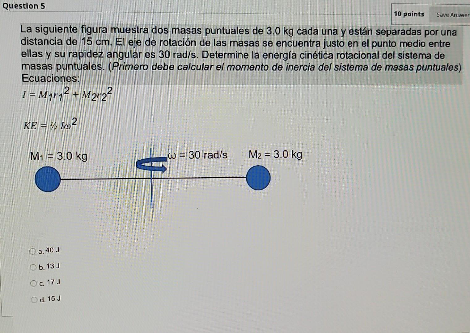 La siguiente figura muestra dos masas puntuales de \( 3.0 \mathrm{~kg} \) cada una y están separadas por una distancia de \(