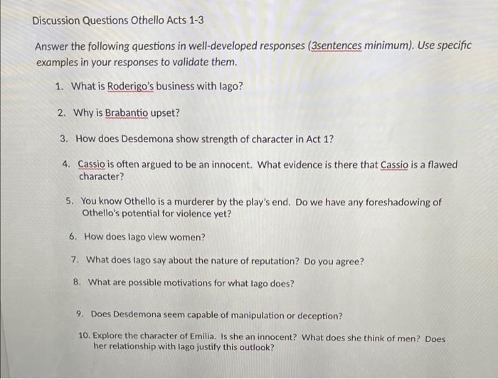 Discussion Questions Othello Acts 13 Answer the
