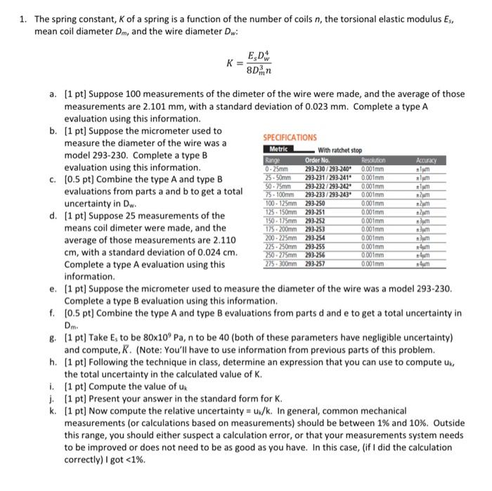 1. The spring constant, K of a spring is a function | Chegg.com image.