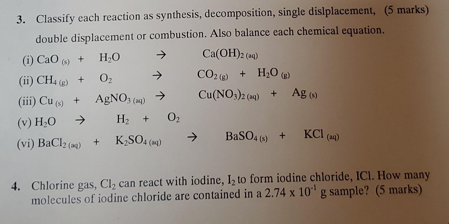 Solved 3. Classify each reaction as synthesis,